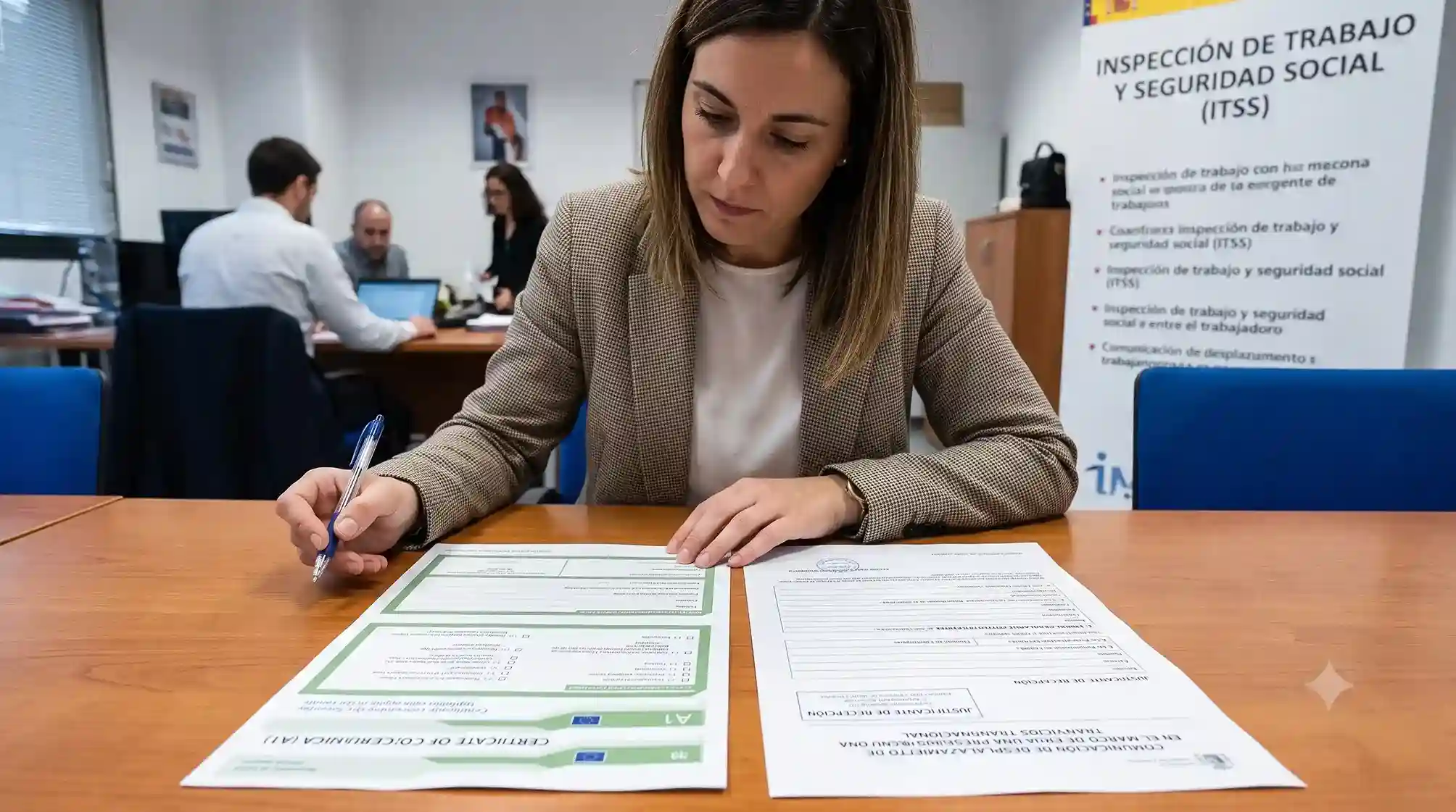 El responsable de RR. HH. comprueba una declaración de desplazamiento laboral a España y un certificado A1 antes de una inspección laboral del ITSS