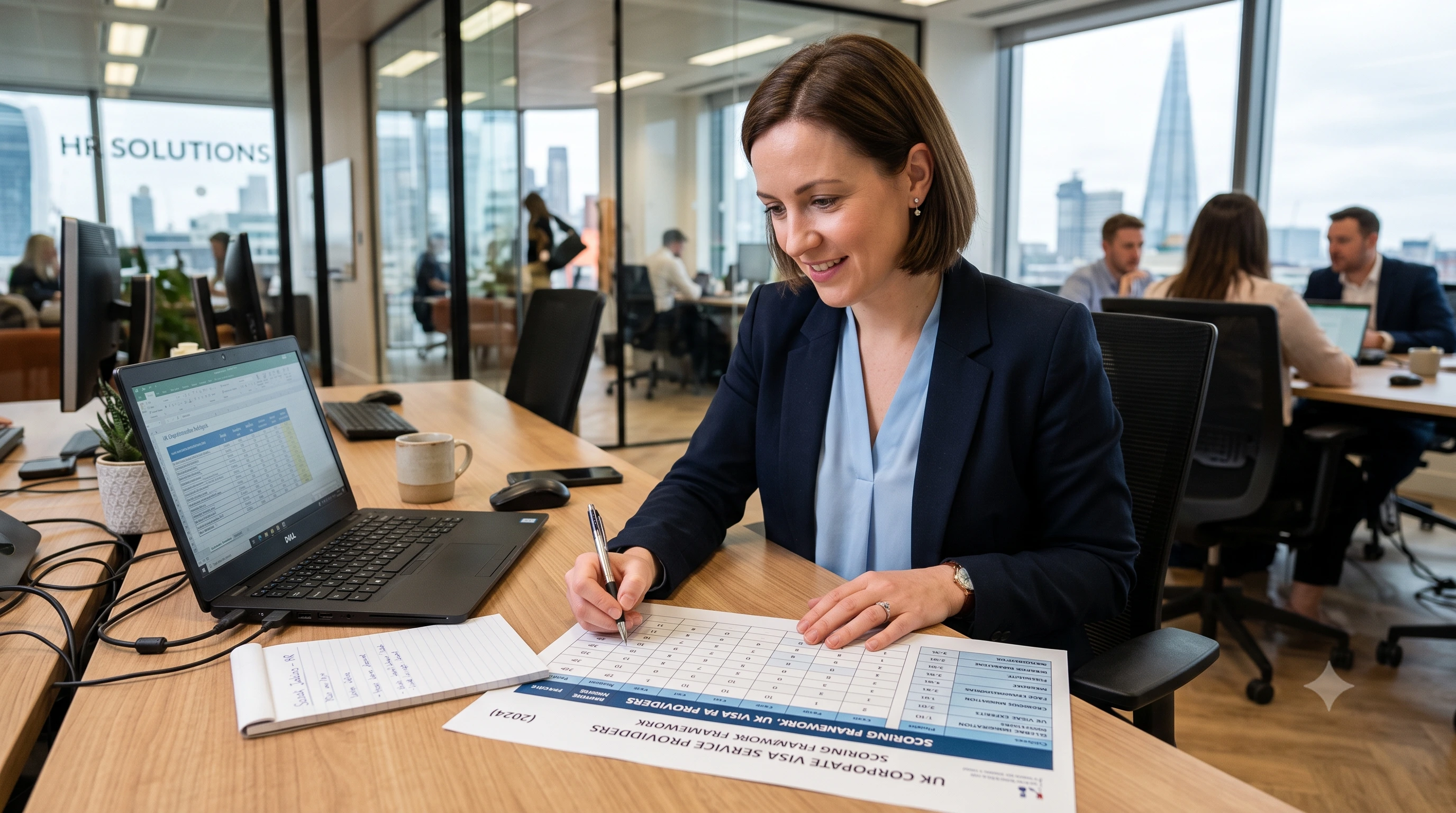 HR manager comparing UK corporate work visa service providers on a scoring framework at a desk