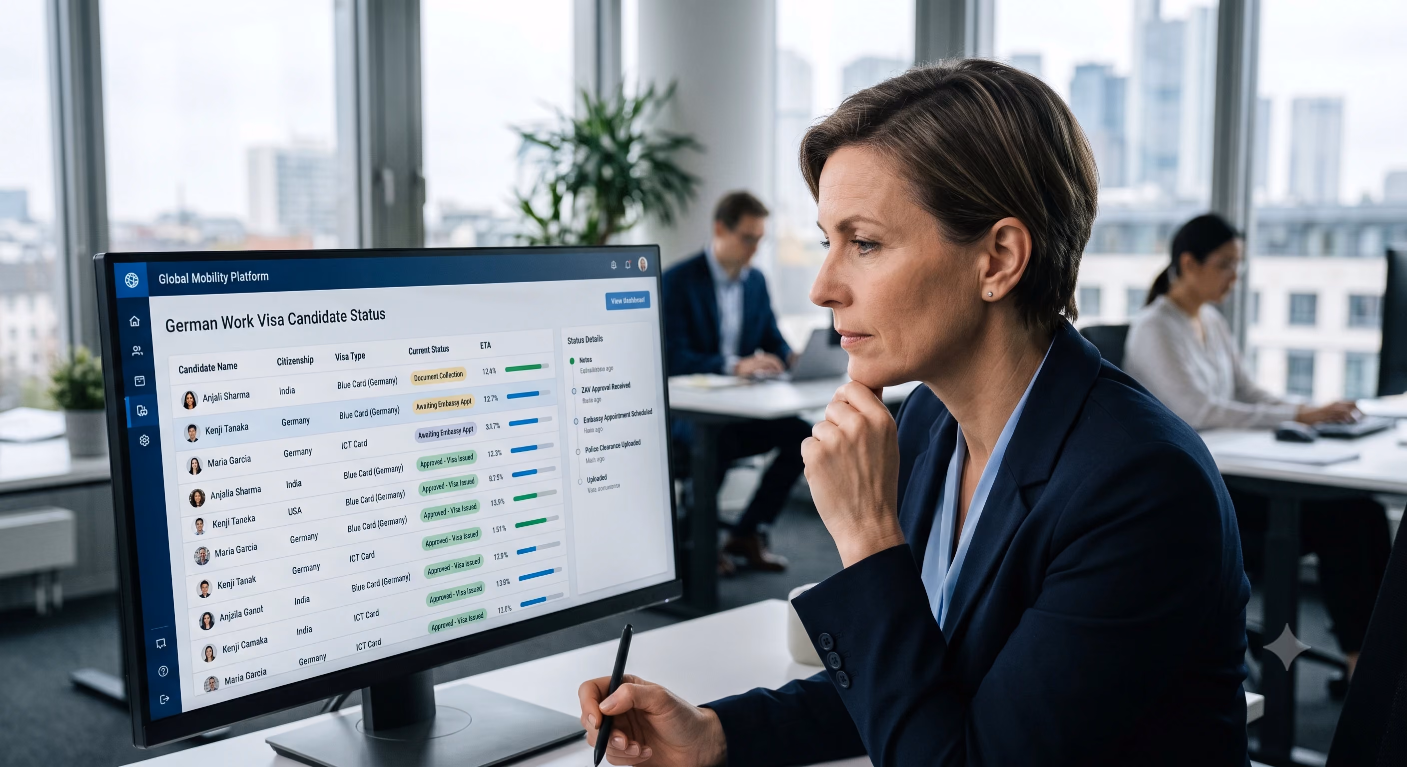 HR manager reviewing German work visa candidate status on a mobility platform dashboard