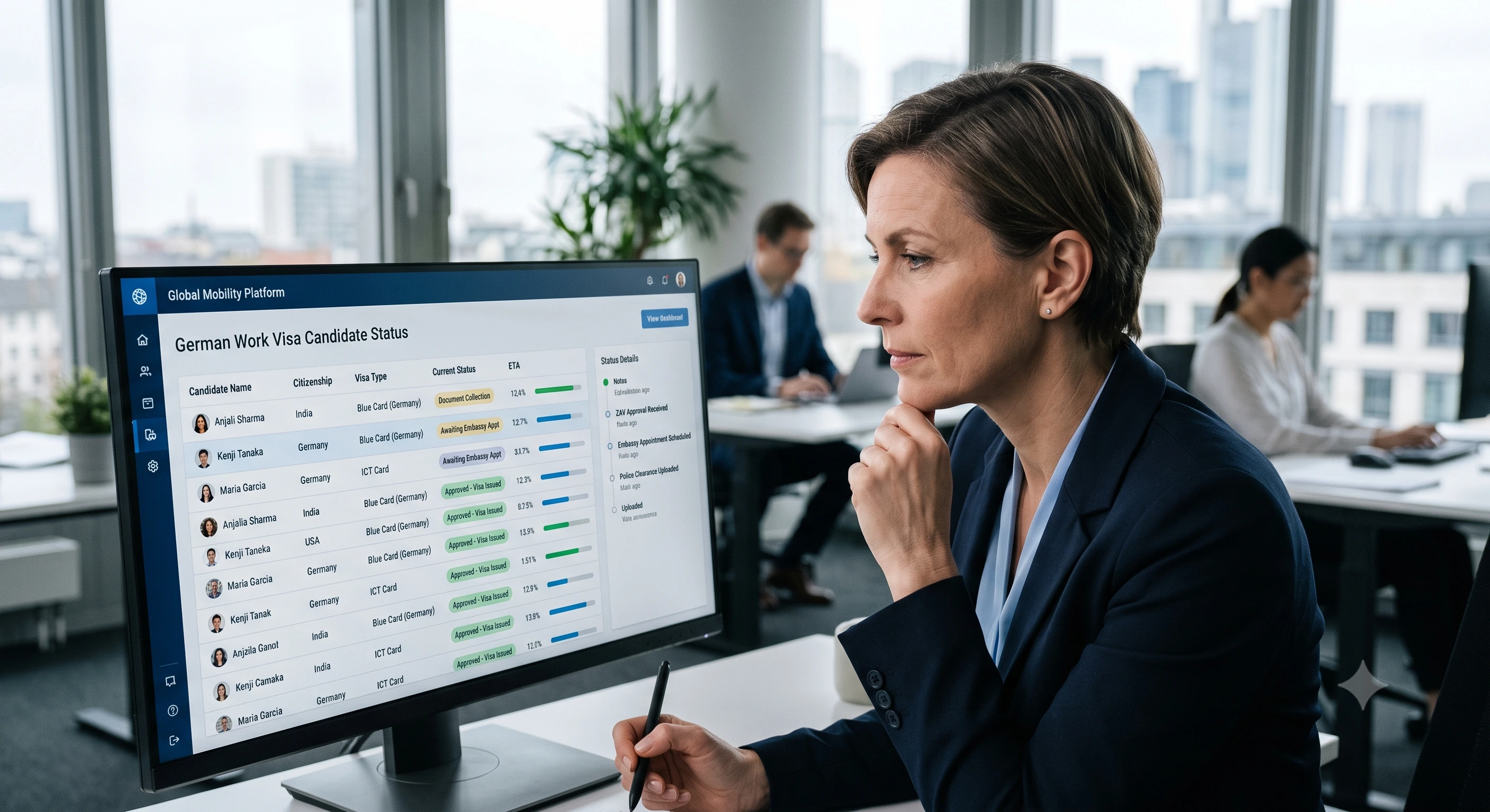 HR manager reviewing German work visa candidate status on a mobility platform dashboard