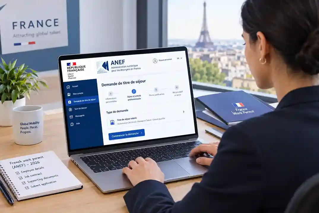 HR manager filing a French work permit on the ANEF portal in 2026