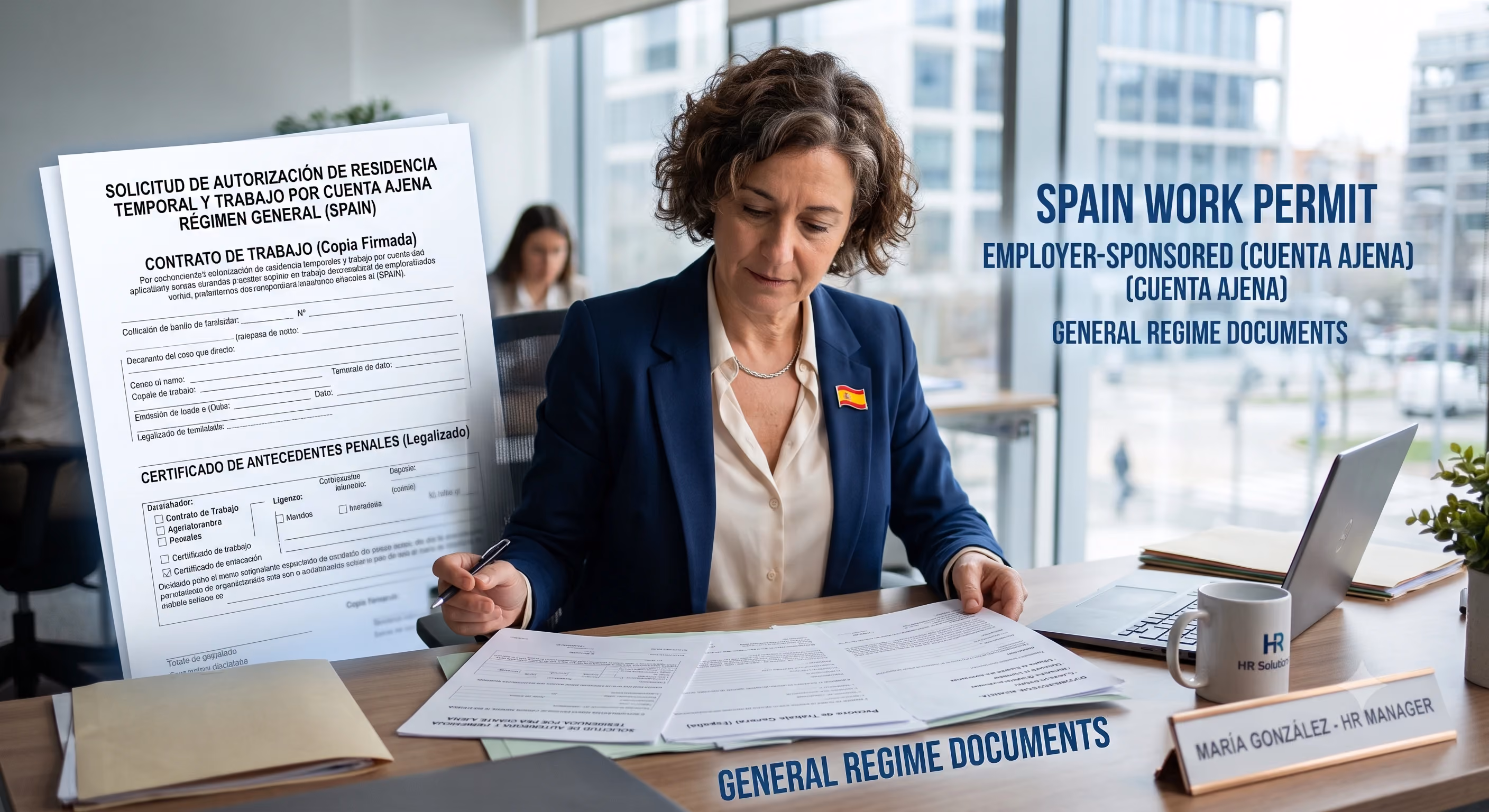 HR manager reviewing Spain cuenta ajena general employment permit application documents