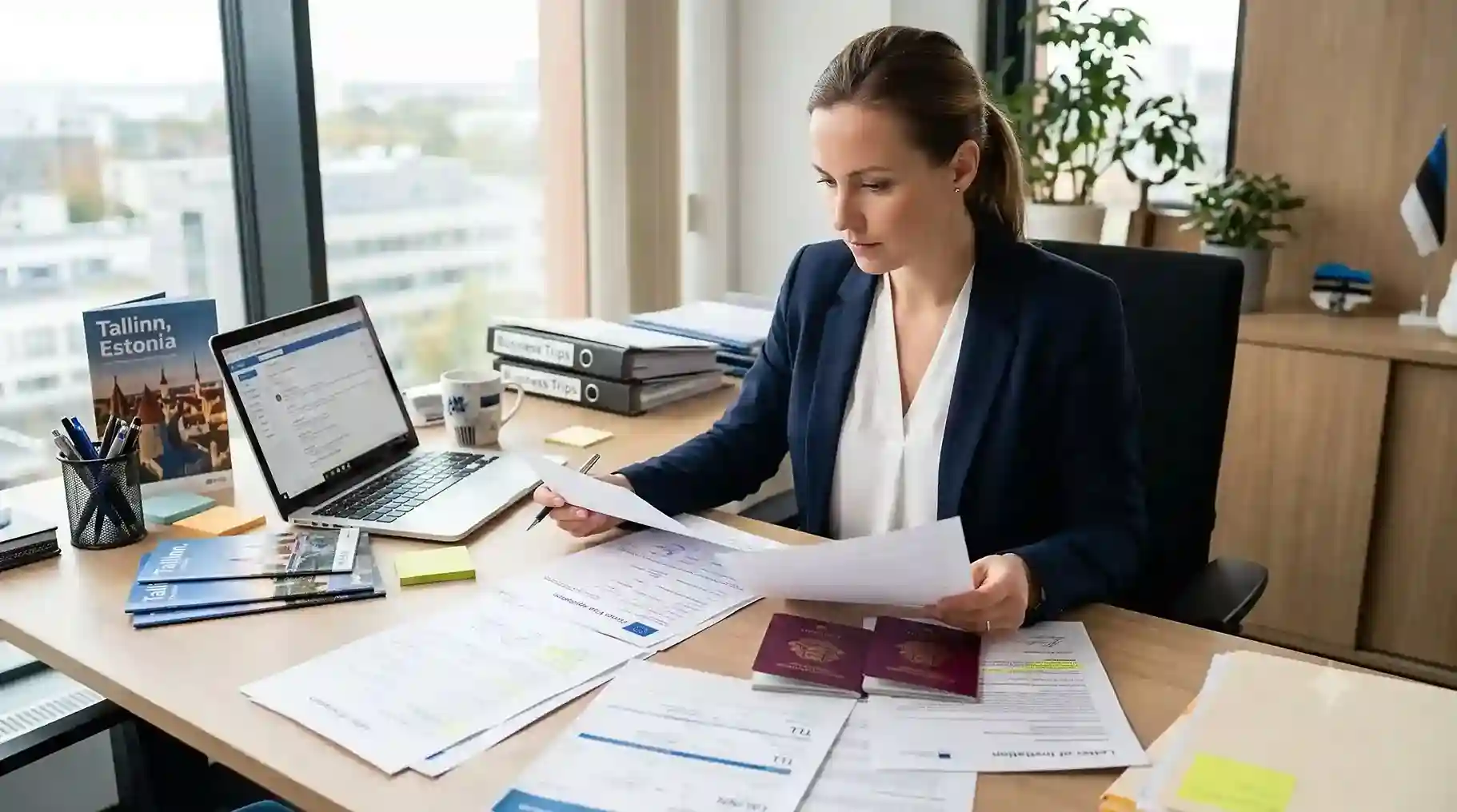 HR manager reviewing Estonia Business Visa documents for an employee business trip to Tallinn