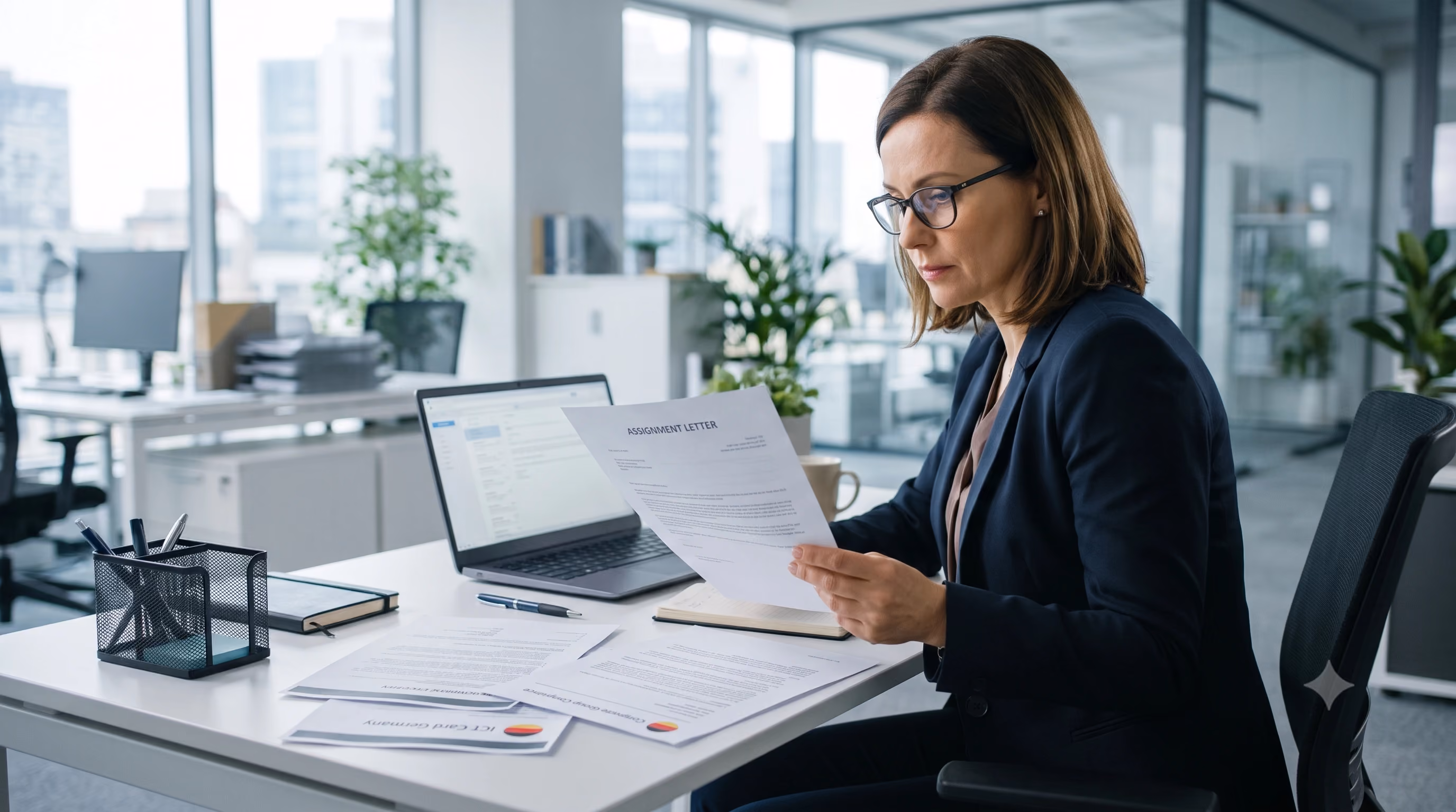 HR manager reviewing ICT Card Germany corporate group and assignment letter compliance documents