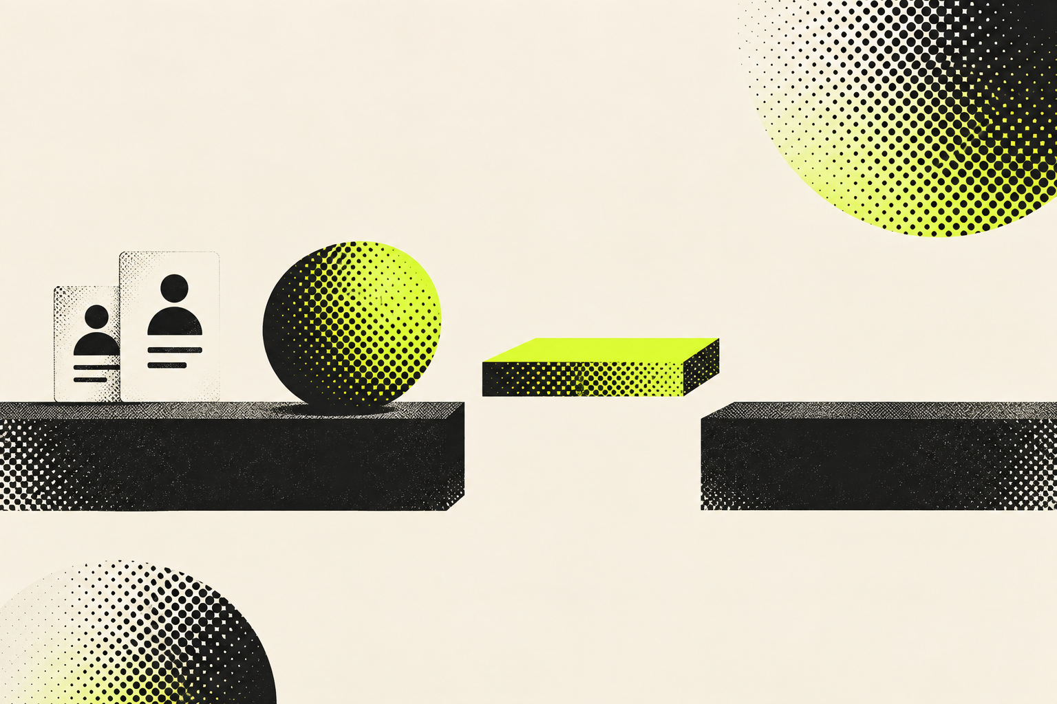 A candidate sphere pauses at a gap between two platforms, with a missing bridge piece above it.