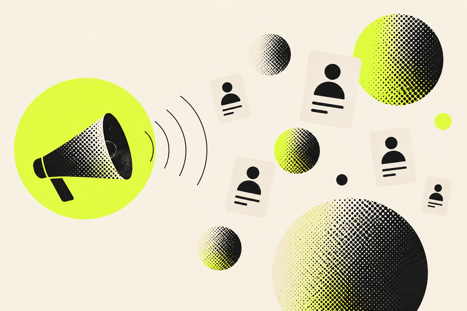 A megaphone reaches a broad group of candidate cards and halftone spheres, illustrating an open call for startups.