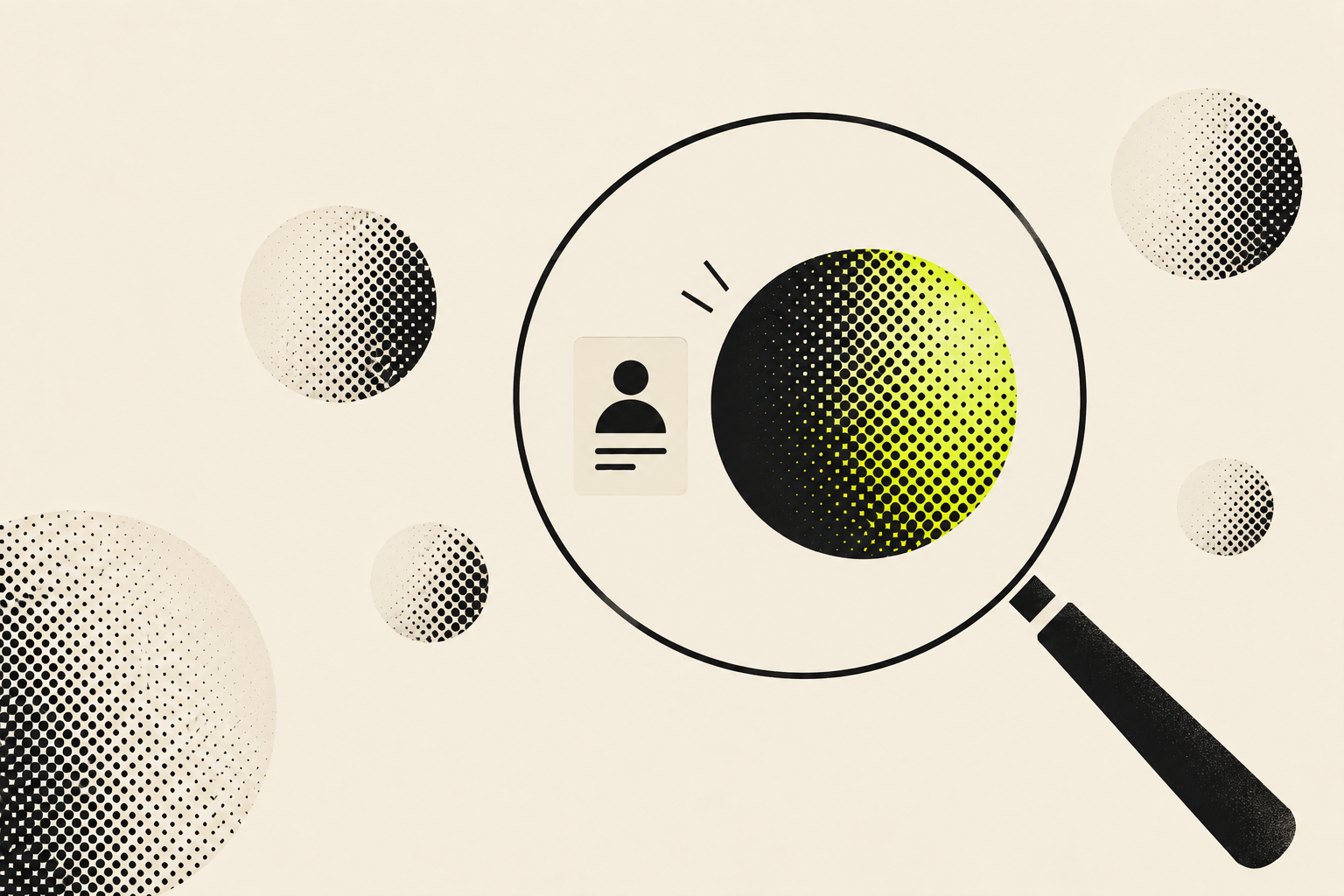A magnifying glass isolates one candidate card and a lime halftone sphere, illustrating focused startup selection.