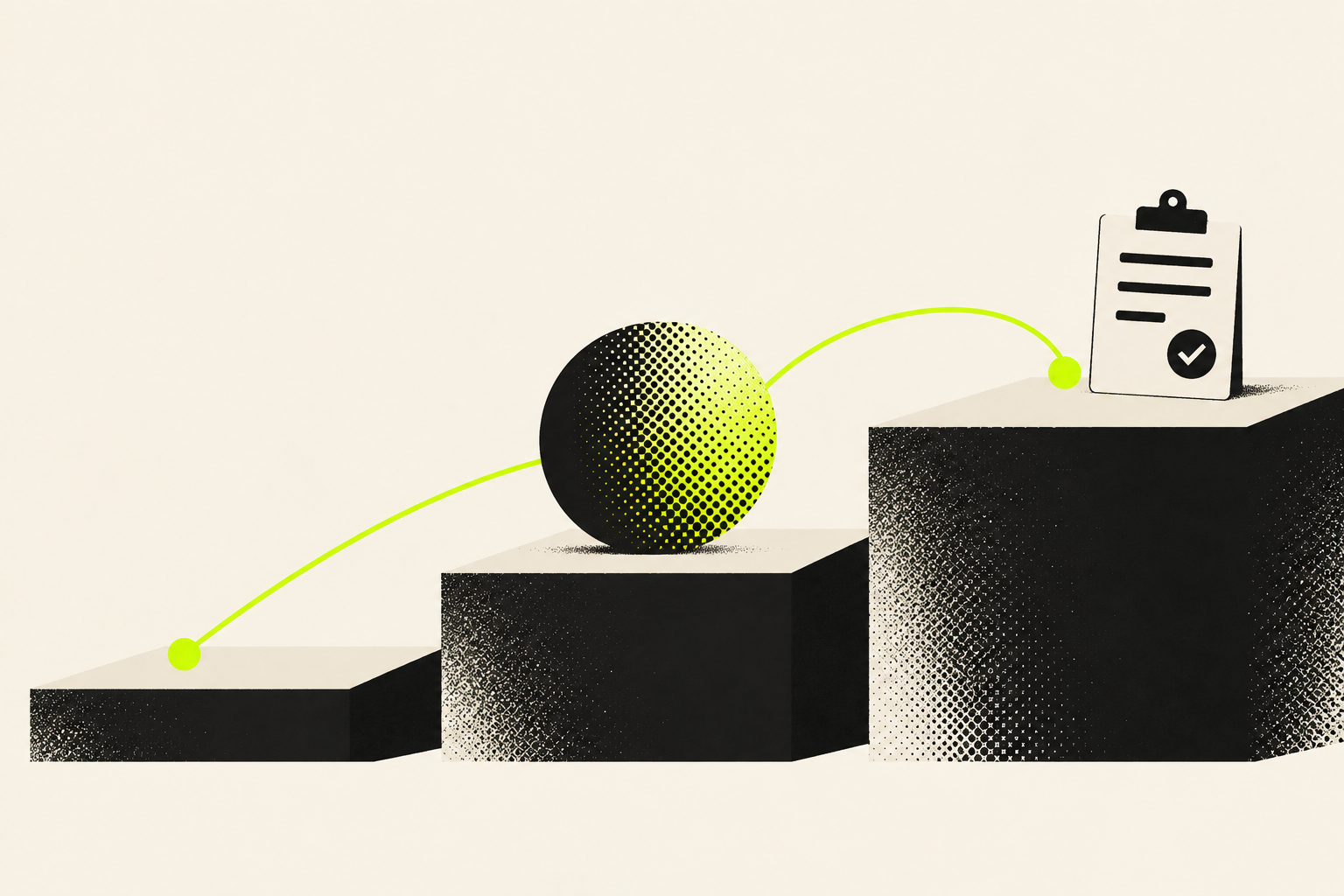 A lime path connects stepped platforms, a halftone sphere and a checklist, illustrating accountable progress.