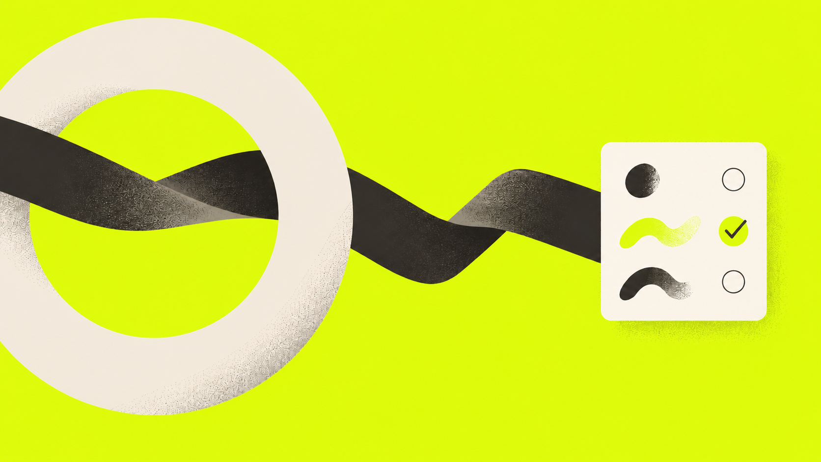 Cream ring and charcoal ribbon with a selection card on a lime green background.