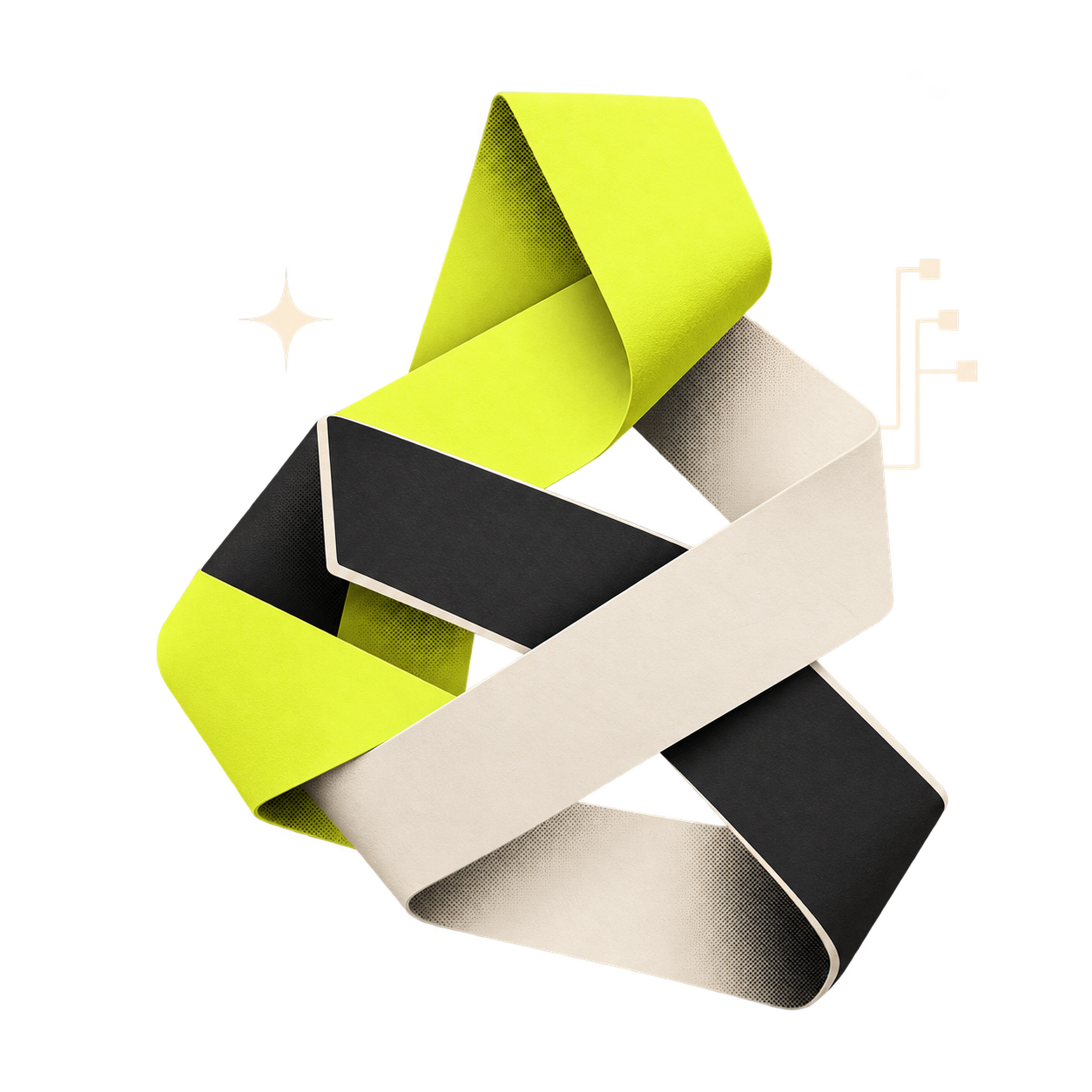 Interlocking yellow, cream and charcoal folded forms with subtle circuit details, representing connected artificial intelligence.