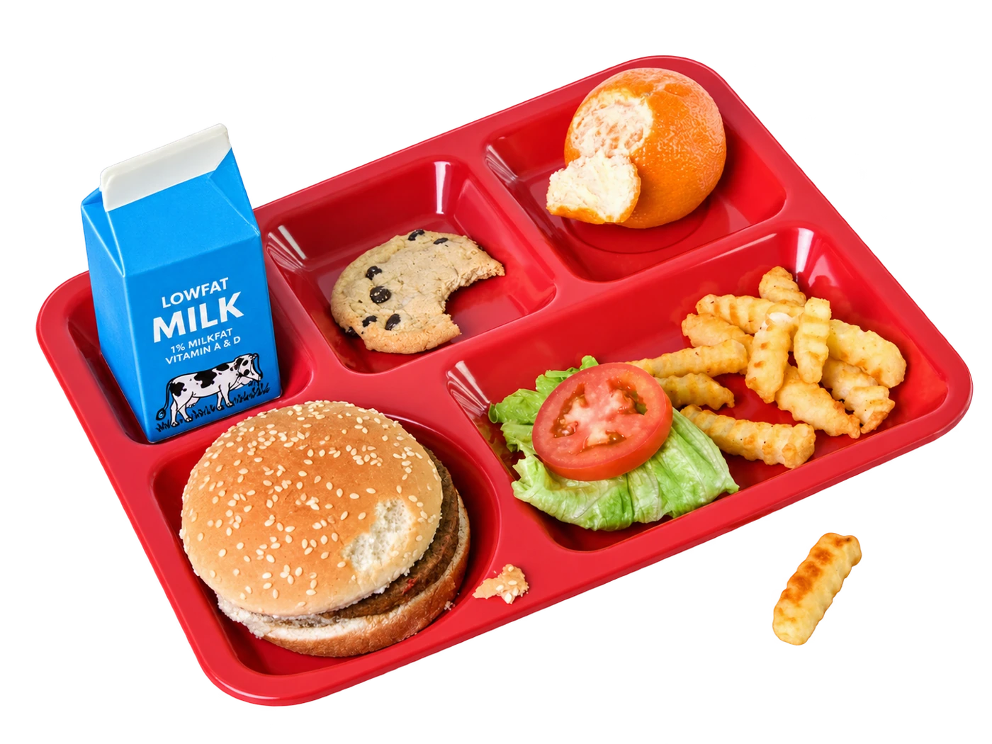 A complete red school lunch tray with a burger, milk, fruit, and vegetables