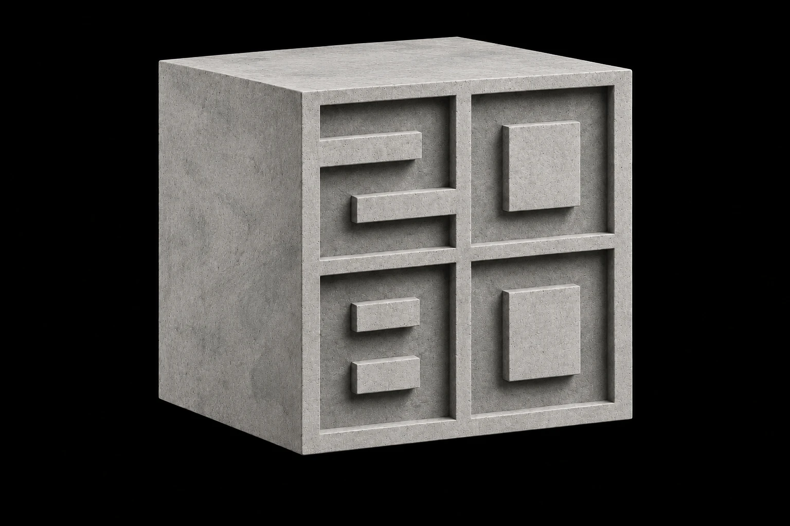 Concrete cube sculpture with the geometric 2080 mark carved into its face