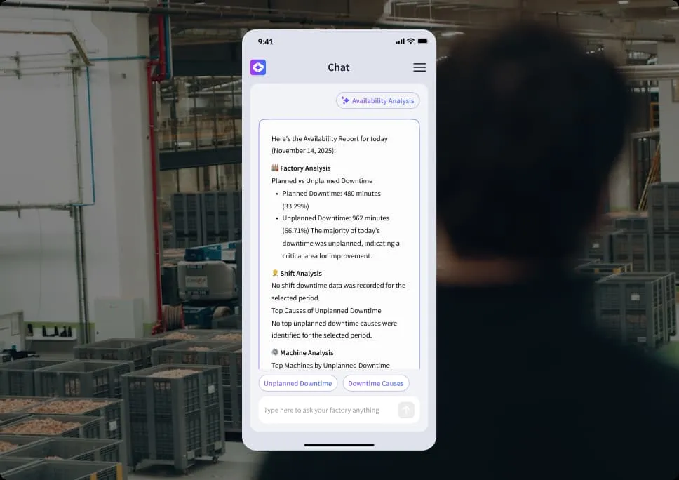 Person viewing a mobile screen with a factory availability report showing planned and unplanned downtime analysis.