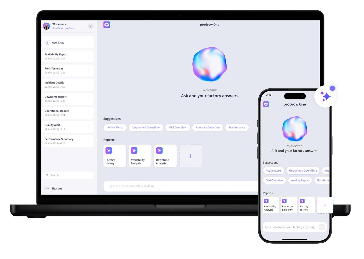 Laptop and phone display proGrow One app with factory reports, suggestions, and chat interface.