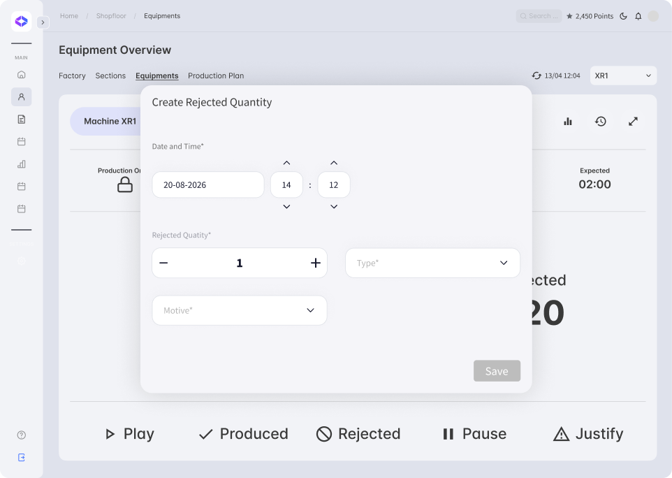 Dashboard showing machine startup quality actions, dates, responsible persons, status, and root causes in a table.