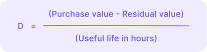 The D formula for depreciation calculation of a machine. The calculation is (Purchase value - Residual value) divided by (Useful life in hours). This formula helps determine the hourly depreciation cost as a key component of machine hourly rate calculations.