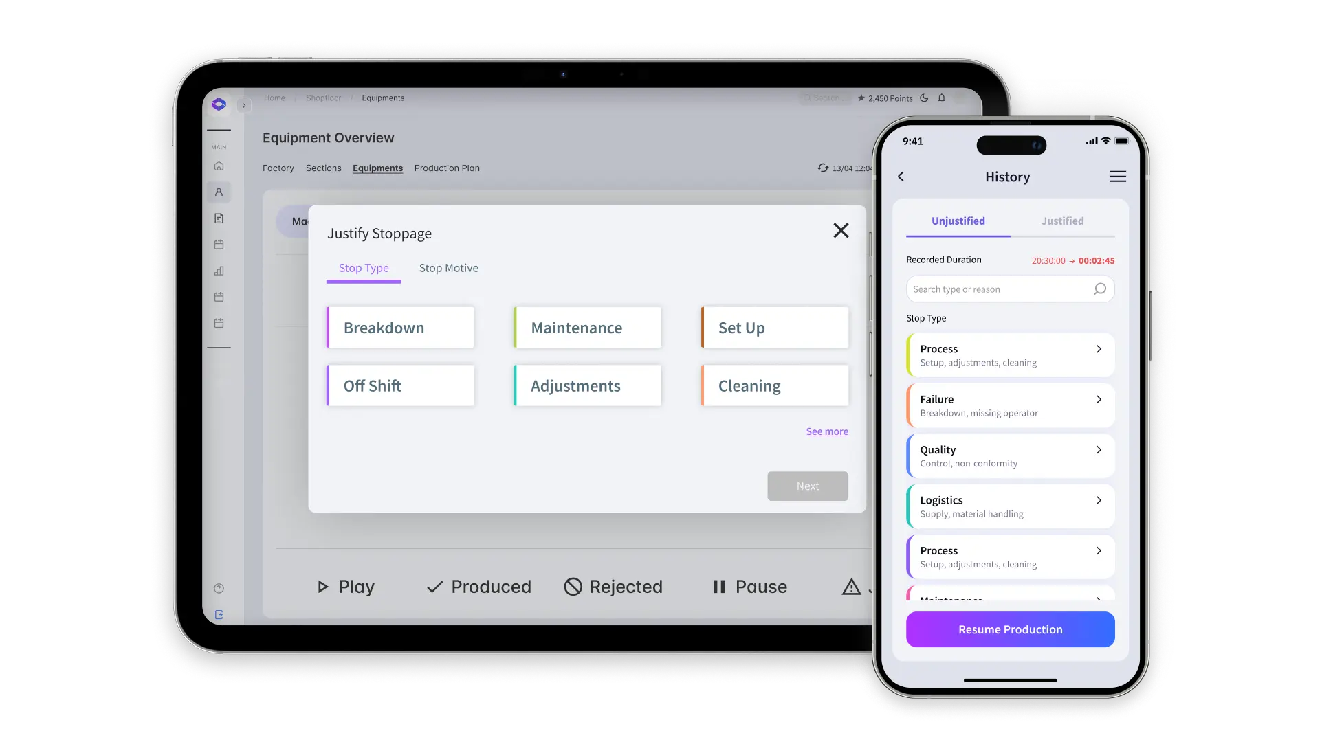 Vista comparativa de la interfaz del software proGrow en una tableta y en un teléfono móvil. La tableta muestra un panel de «Vista general del equipo» con una ventana emergente para «Justificar parada» que incluye categorías como Avería, Mantenimiento, Configuración, Fuera de turno, Ajustes y Limpieza. El teléfono móvil muestra una interfaz de «Historial» para el seguimiento de la duración de las paradas no justificadas, con categorías de selección rápida para Proceso, Fallo, Calidad y Logística, junto con un botón destacado de «Reanudar producción».