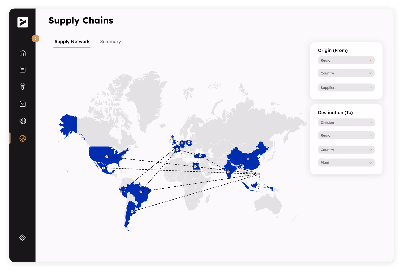 A screenshot of the supply analytics function in the tool, showing the global value streams