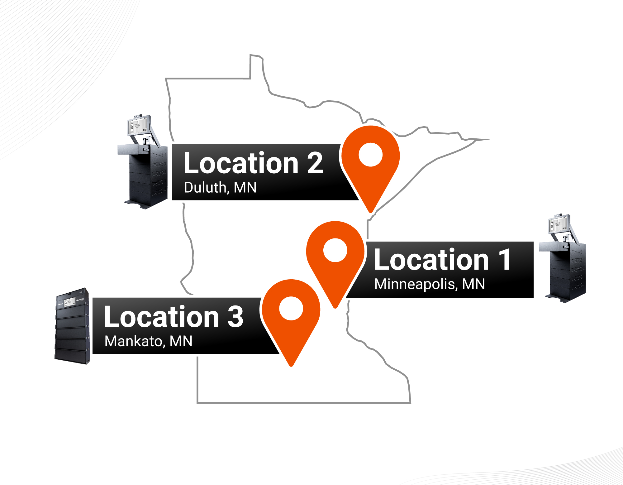 Simple outline graphic of Minnesota with 3 iSafe systems in different locations across the state