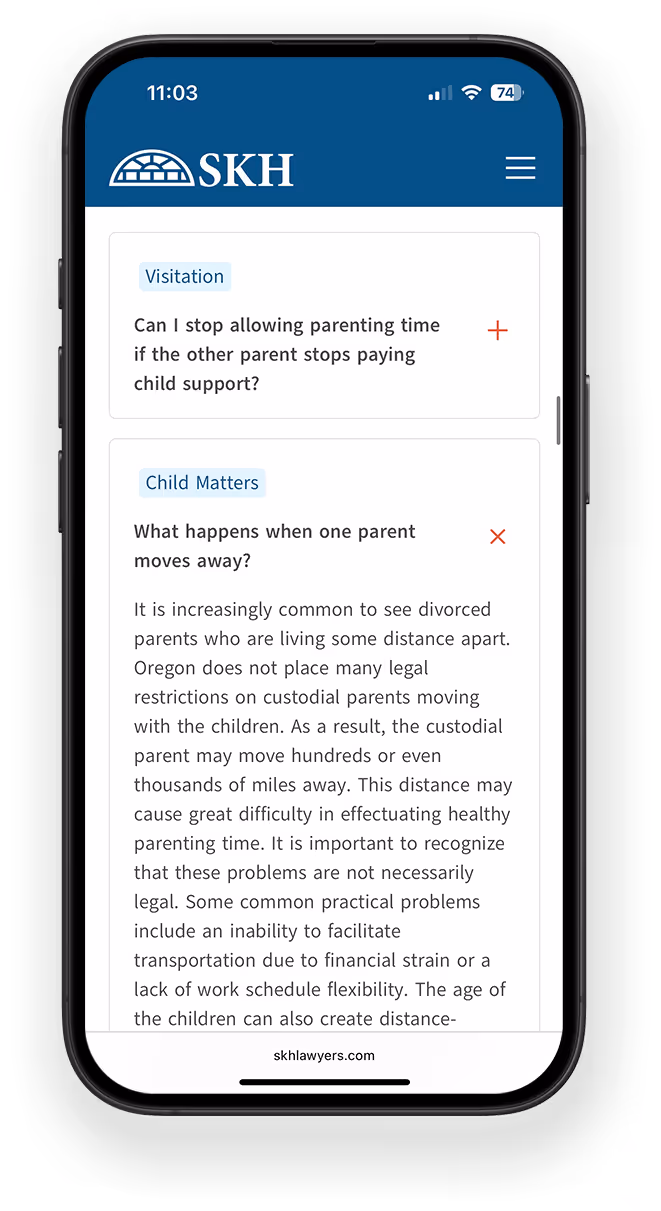 SKH website on a smart phone, displaying a child law FAQ