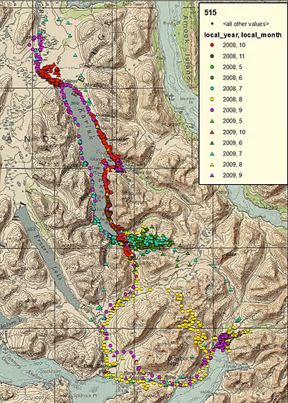 Topographic map showing colored points marking locations by local year and month from 2008 to 2009 with a legend indicating color and shape codes.