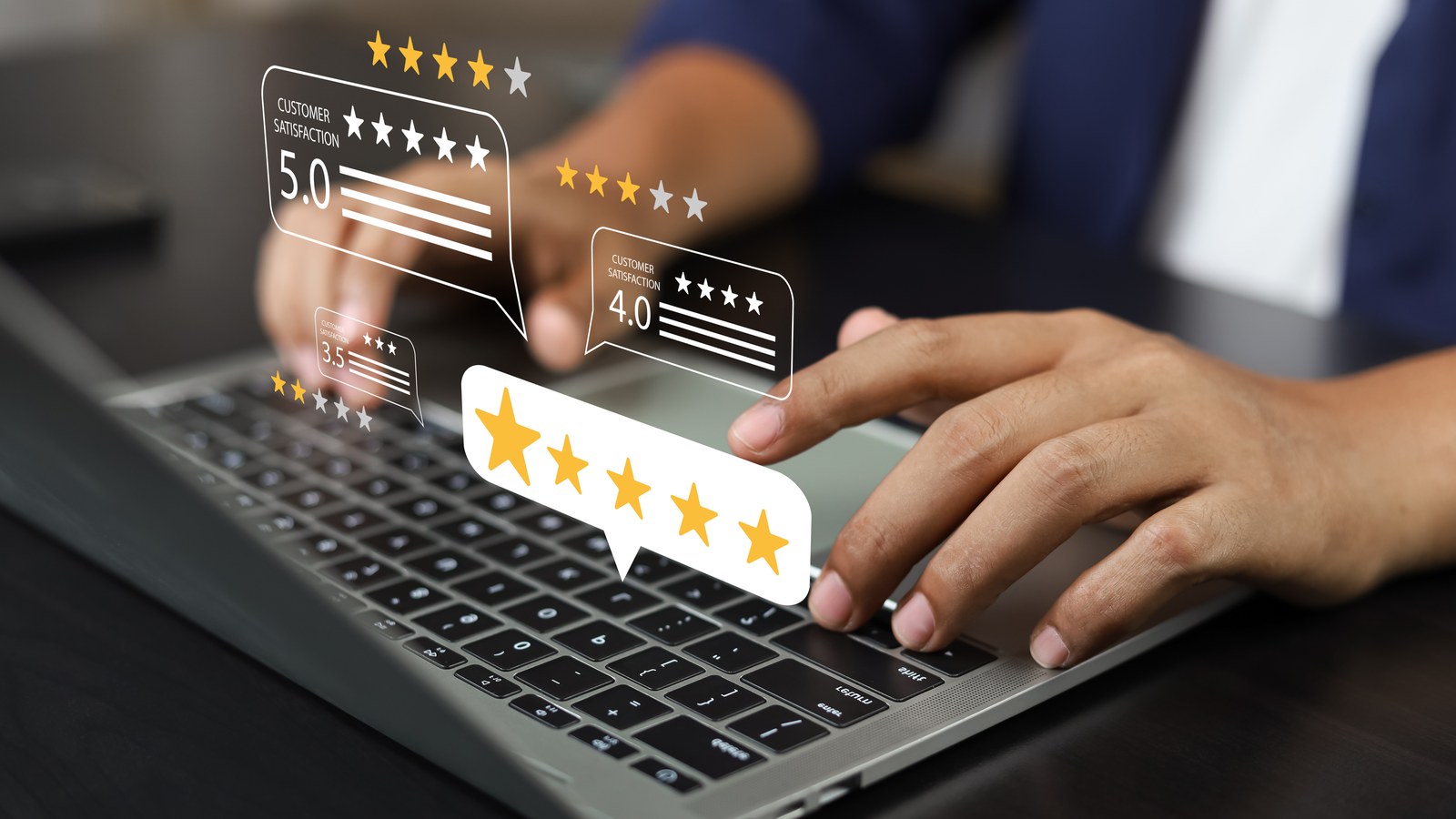 Customer satisfaction star ratings floating above a laptop keyboard as a restaurant operator compares POS vendors on support quality.