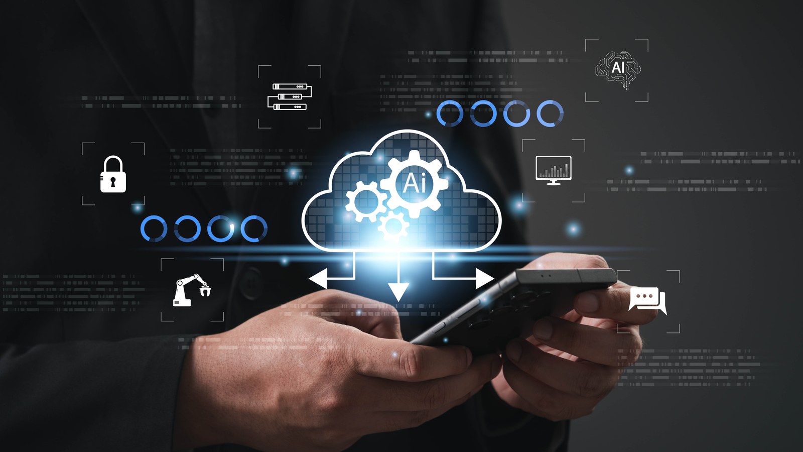 Cloud platform icon connected to security, data and kitchen system icons above a phone held by a restaurant executive, representing a phased multi-unit POS migration.