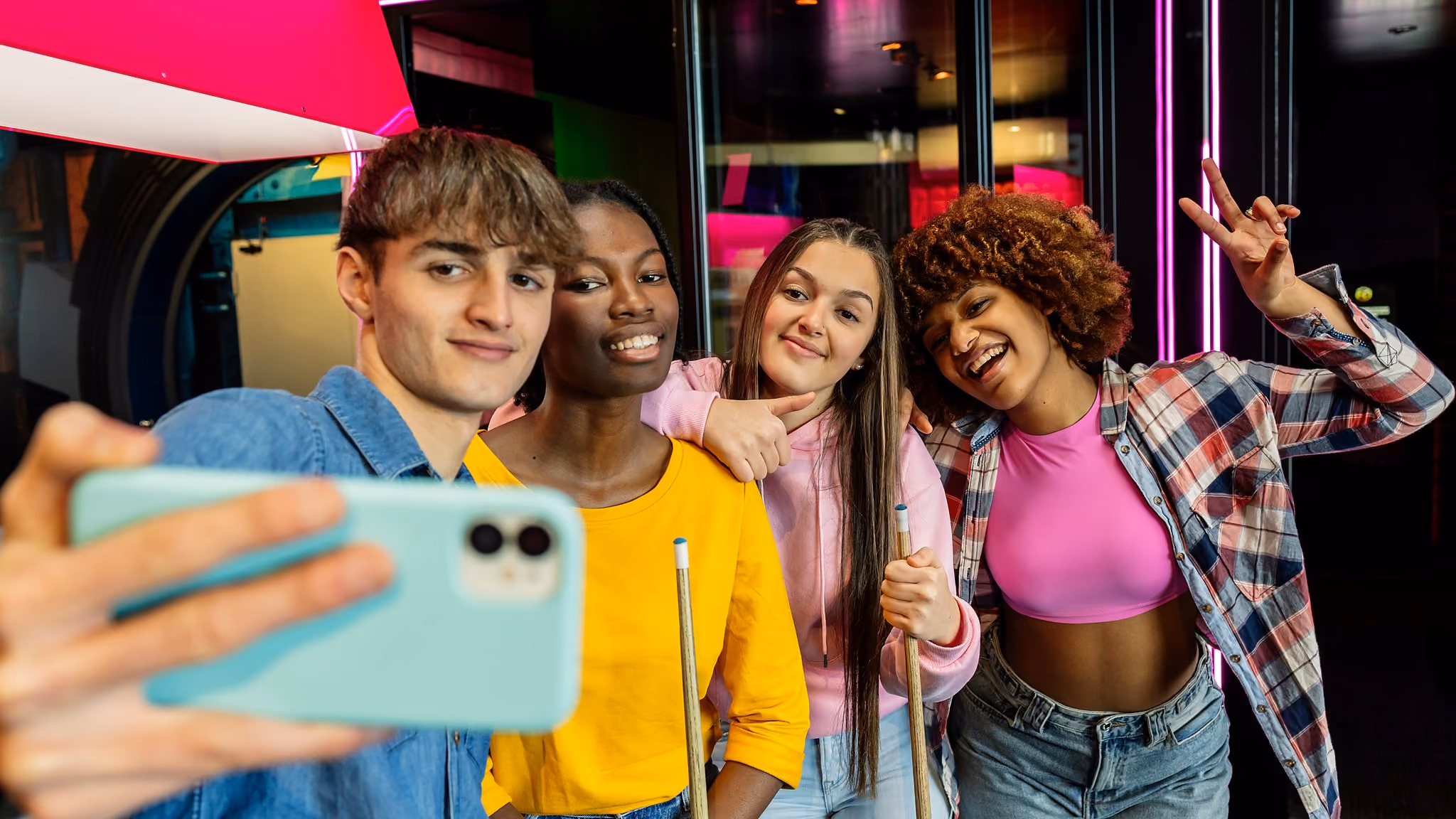 group of young people at an FEC taking a photo