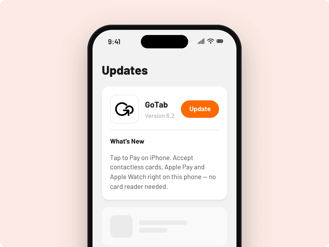 GoTab app update screen announcing Tap to Pay on iPhone