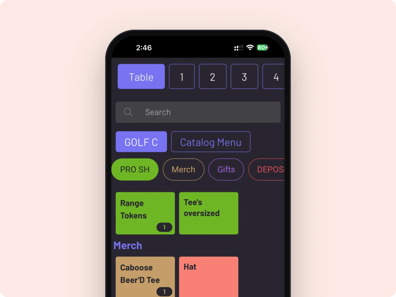 GoTab app menu screen with an open tab and cart