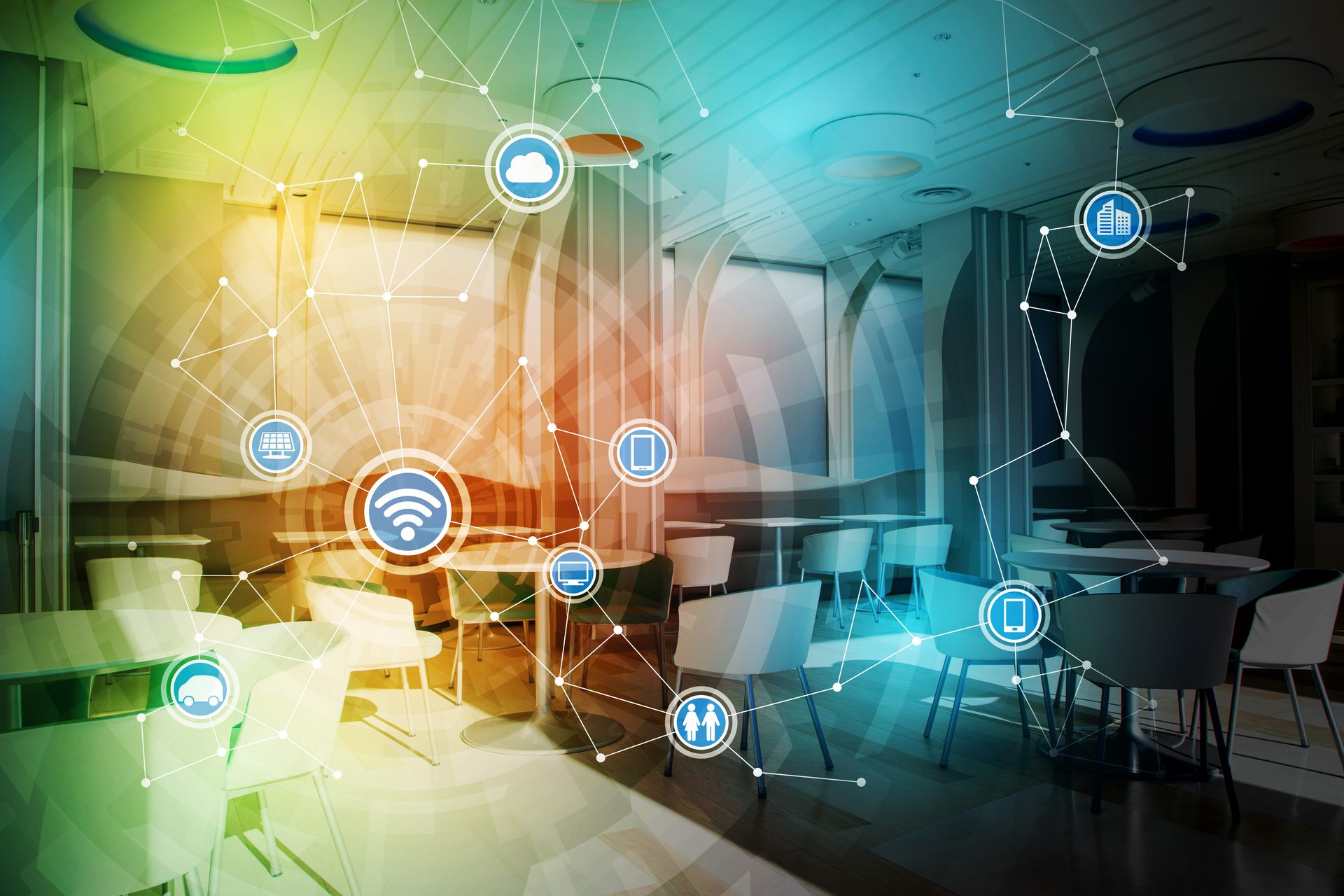 Restaurant dining room with a Wi-Fi network overlay connecting tablets, phones and screens