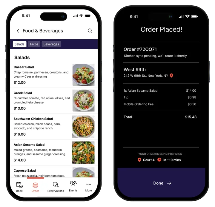 GoTab ordering inside the PodPlay app: food and beverage menu and order confirmation screens