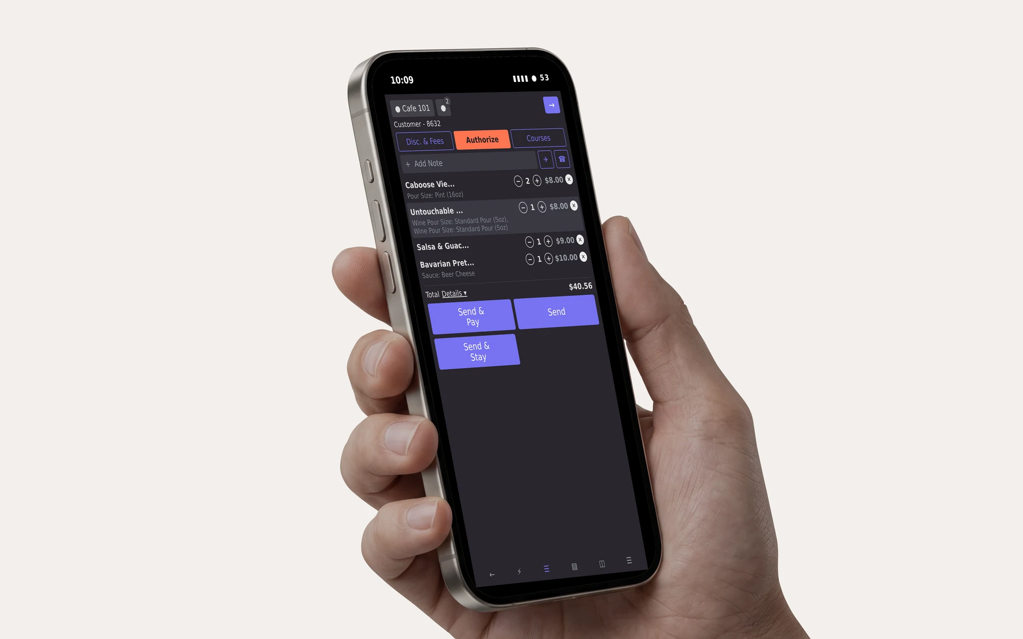 A hand holds an iPhone running the GoTab POS, showing an open tab at Cafe 101 with four items and a $40.56 total.