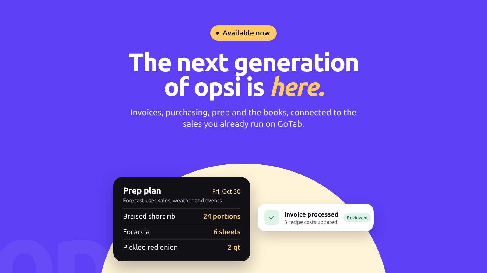 opsi graphic with the headline "The next generation of opsi is here", a sample prep plan and a processed invoice.