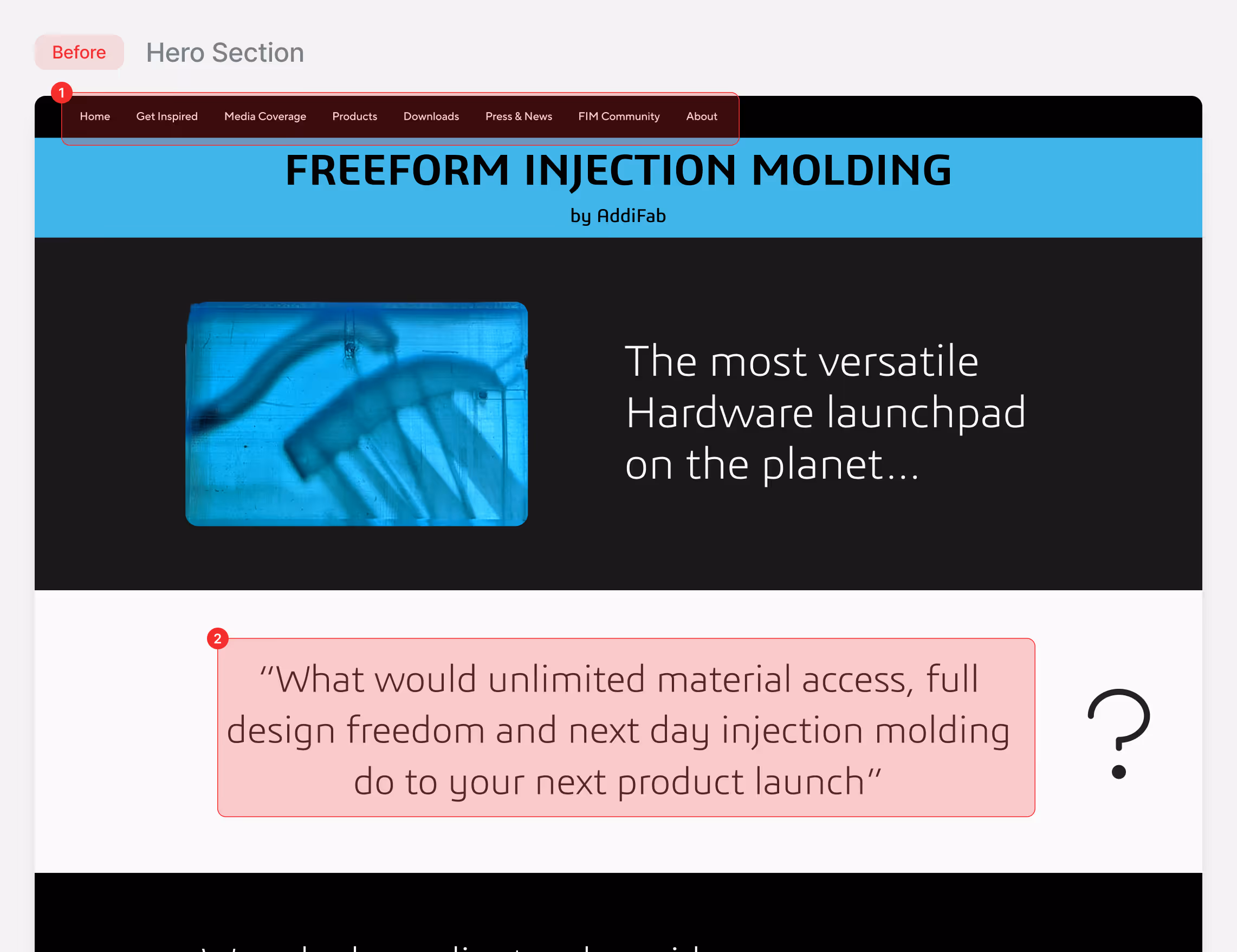 Website hero section for AddiFab showcasing freeform injection molding with image of injection molded parts and text about versatile hardware launchpad and product launch benefits.