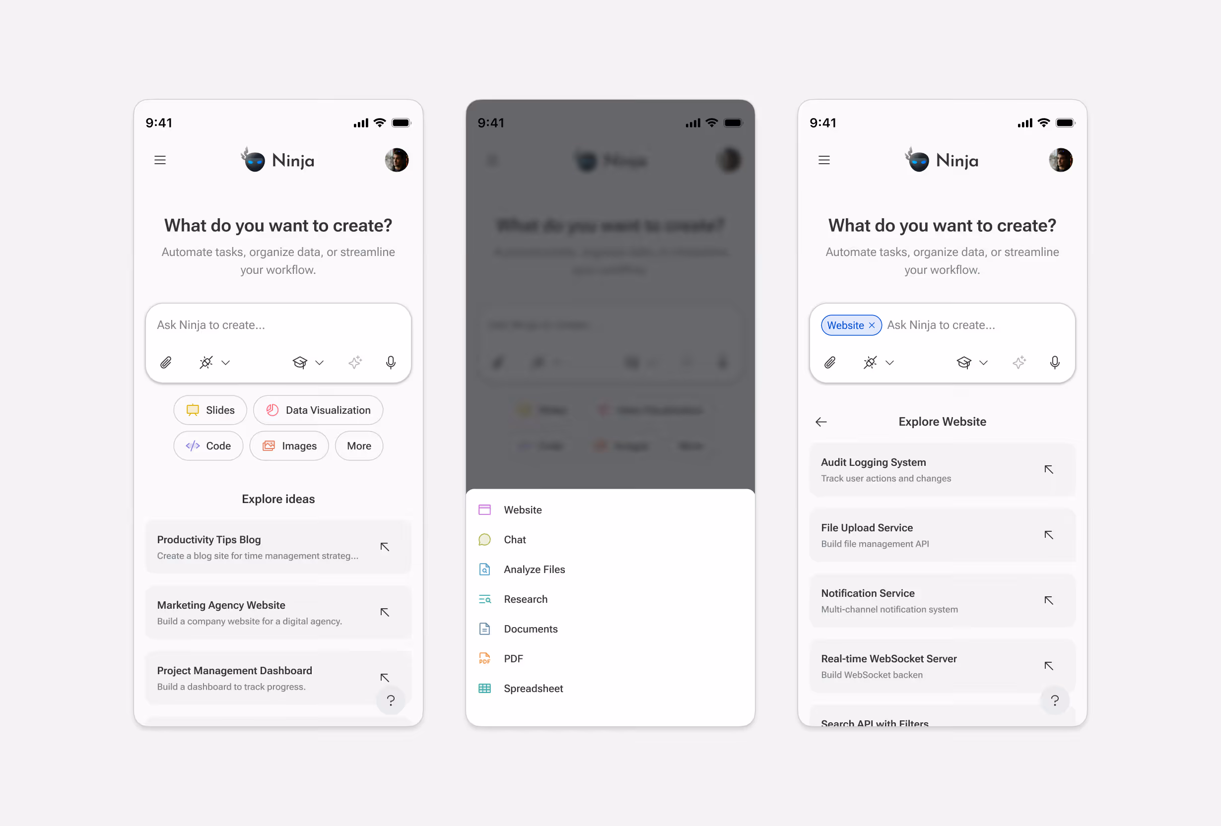 Three mobile screens showing a task automation app named Ninja with options to create content like slides, code, images, and explore templates for blogs, websites, and dashboards, including dropdown menus for different content types and detailed website feature options.