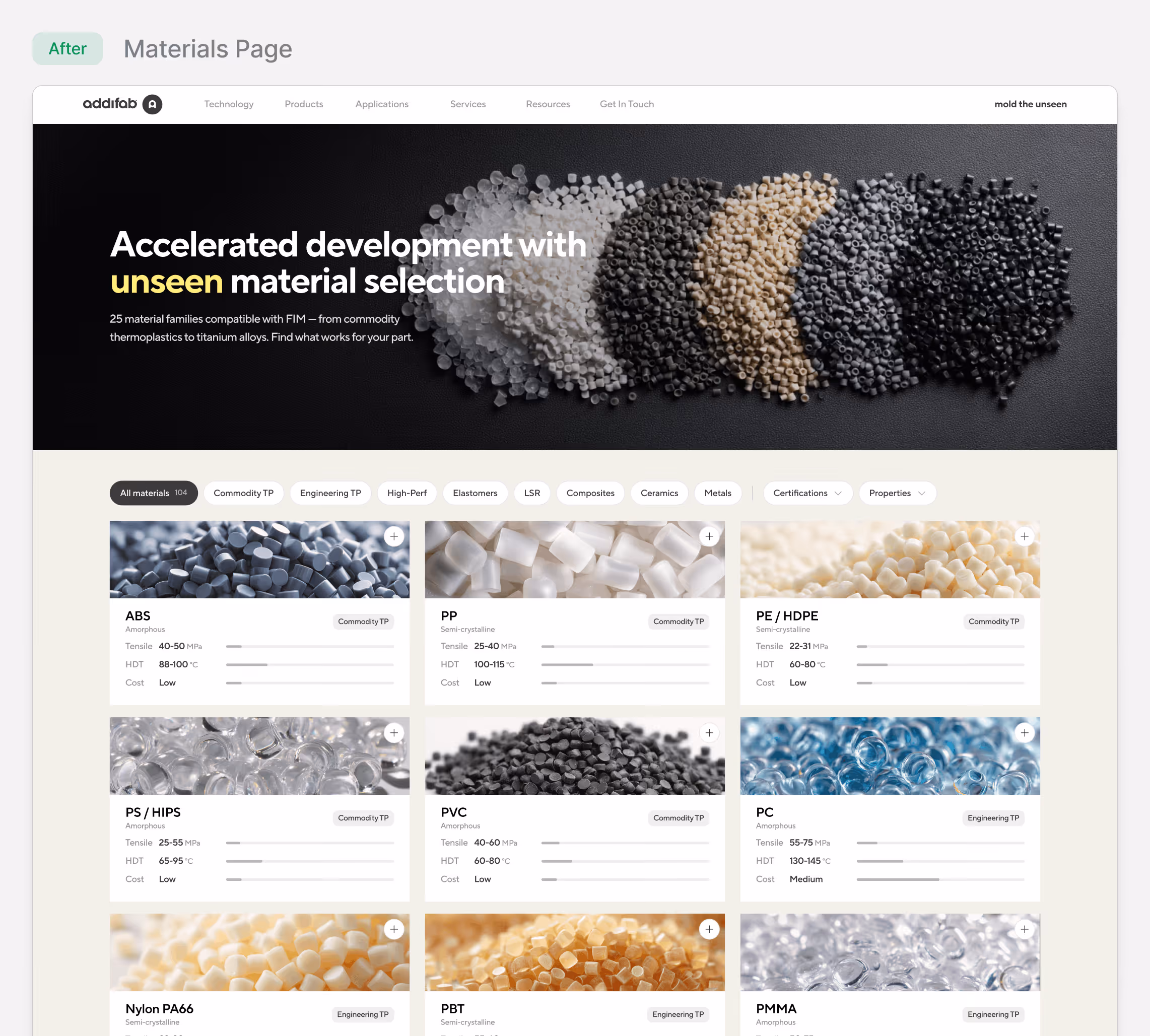 Addifab materials page showing various plastic pellets with categories, tensile strength, HDT, and cost details for each material type.