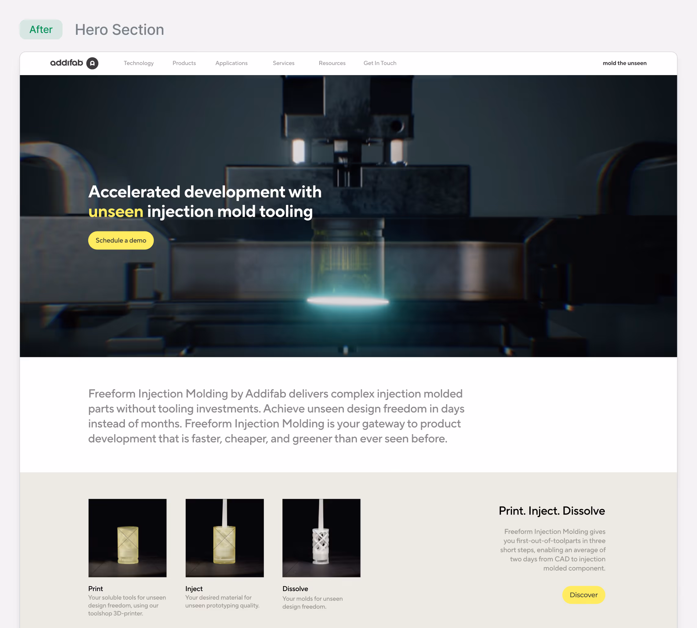 Website hero section showing injection molding machine with headline 'Accelerated development with unseen injection mold tooling' and three-step process images labeled Print, Inject, and Dissolve.