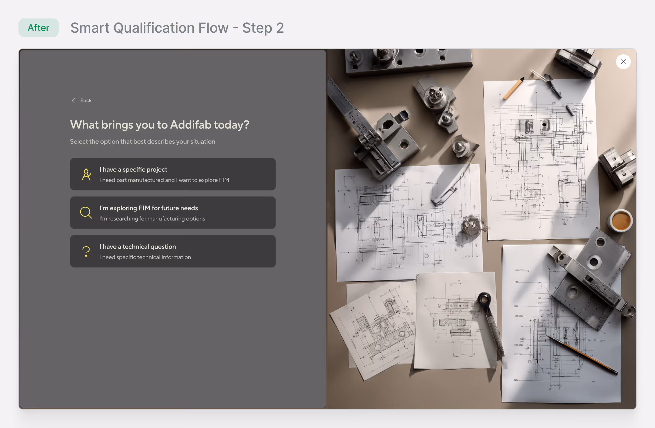 Smart Qualification Flow interface with options about project needs alongside an overhead view of technical drawings and metal parts on a desk.