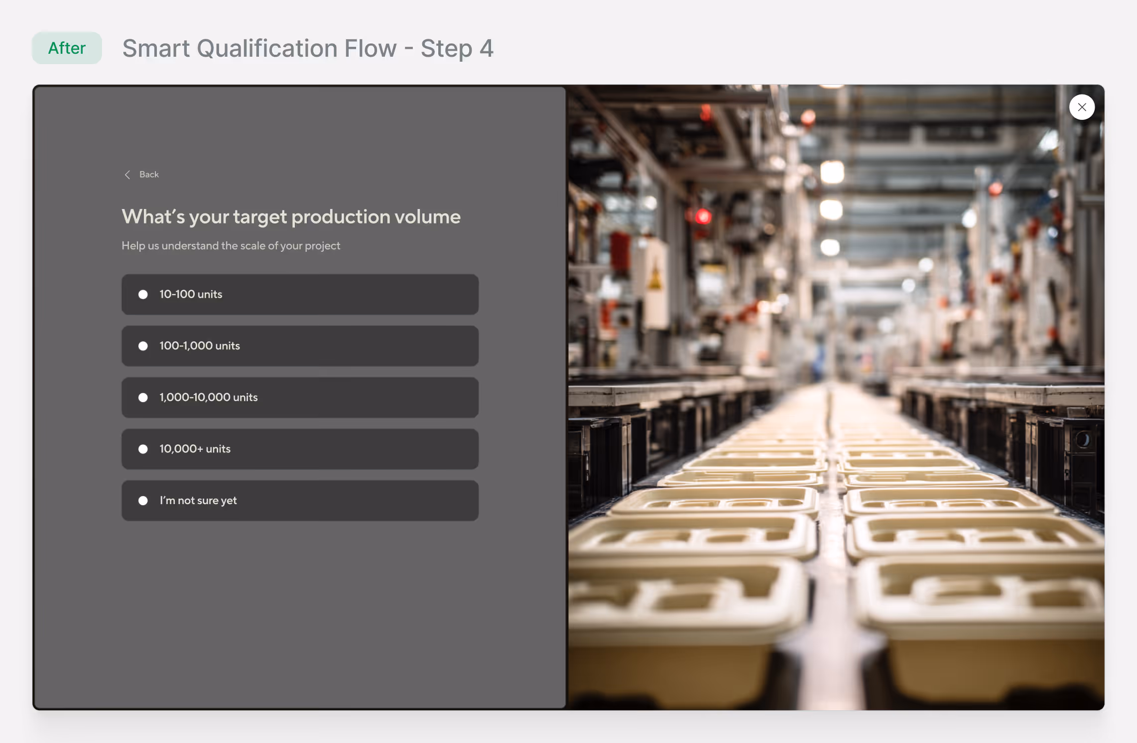 Smart Qualification Flow Step 4 screen showing options for target production volume alongside a blurred factory production line with trays.