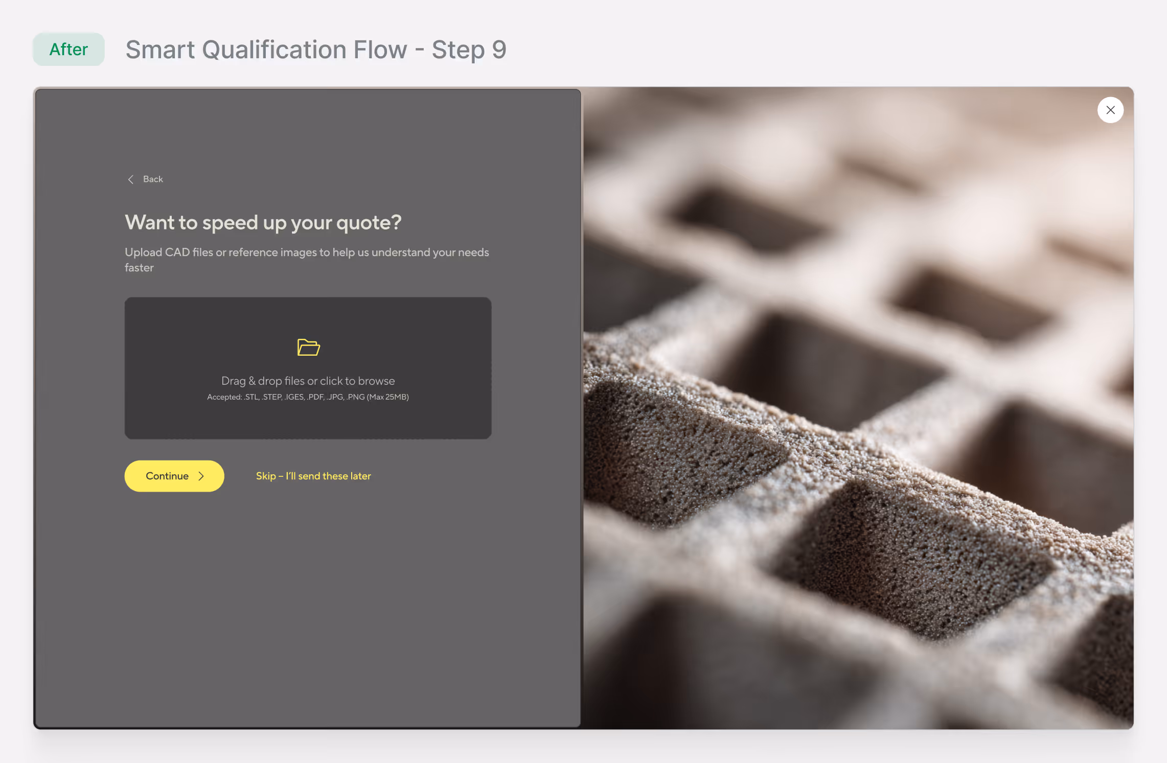 User interface for uploading CAD files with a drag and drop area, accompanied by a close-up image of a porous, grid-like material structure.