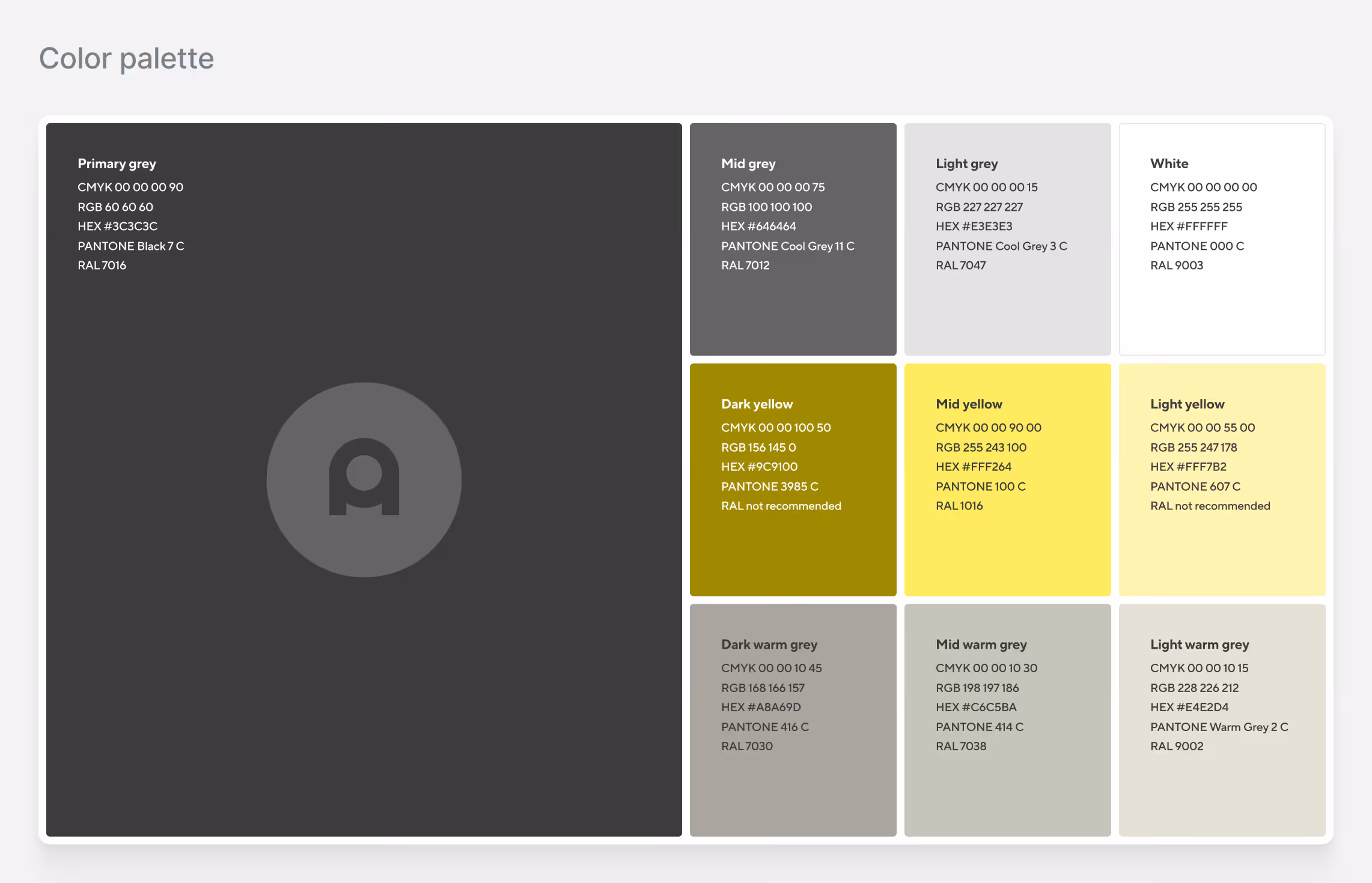 Color palette grid showing shades of grey and yellow with detailed CMYK, RGB, HEX, Pantone, and RAL codes for each color.