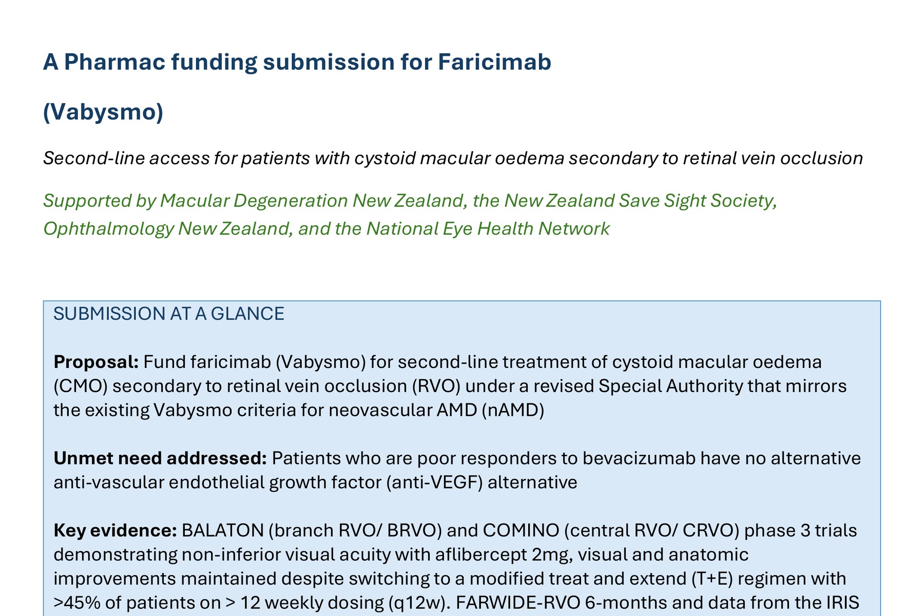First page of the Pharmac funding submission for faricimab (Vabysmo) for cystoid macular oedema secondary to retinal vein occlusion