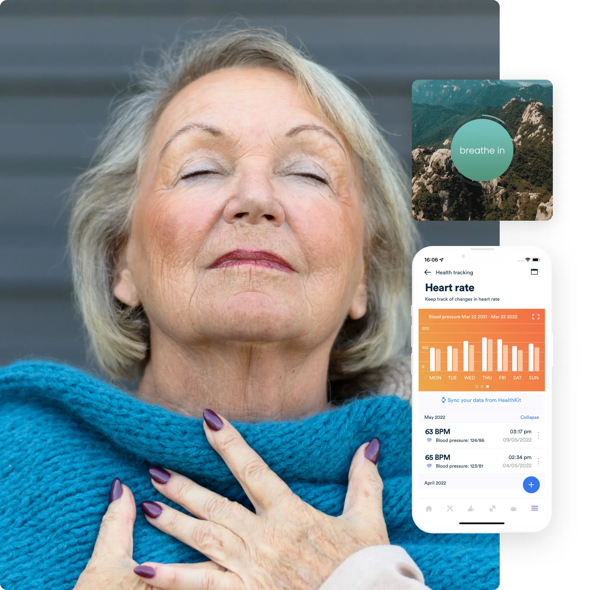 A relieved woman doing breathing exercises alongside screenshots of the Gro app