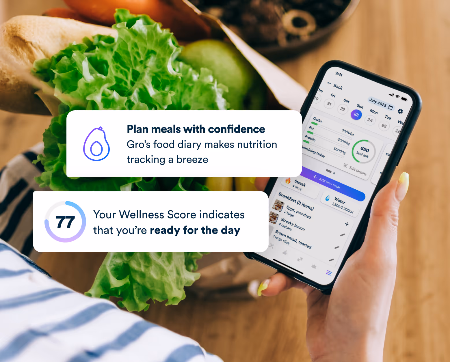 Woman using the Gro food diary to track her meal