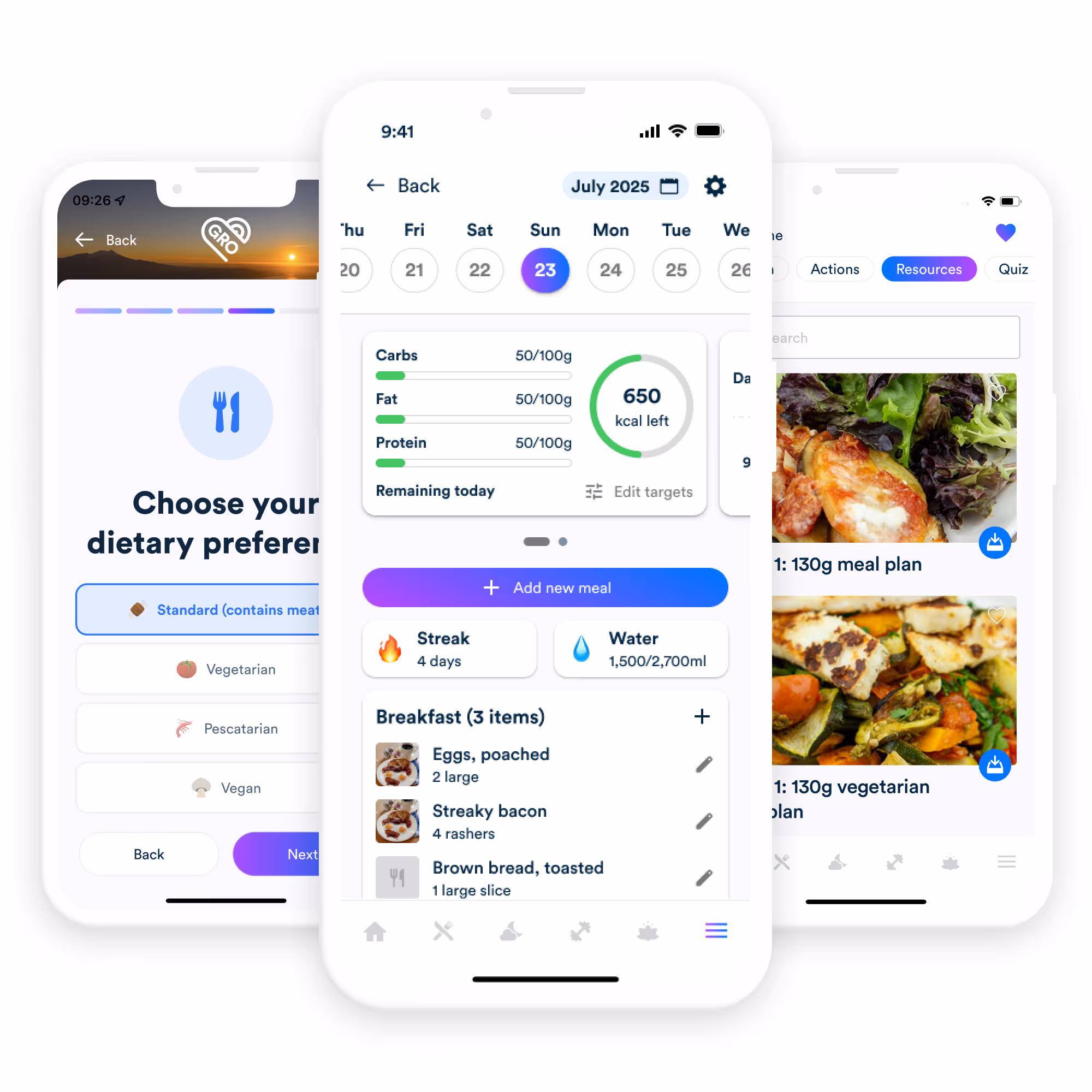 Dietary preferences, tailored meal plans and food diary in the Gro Health app