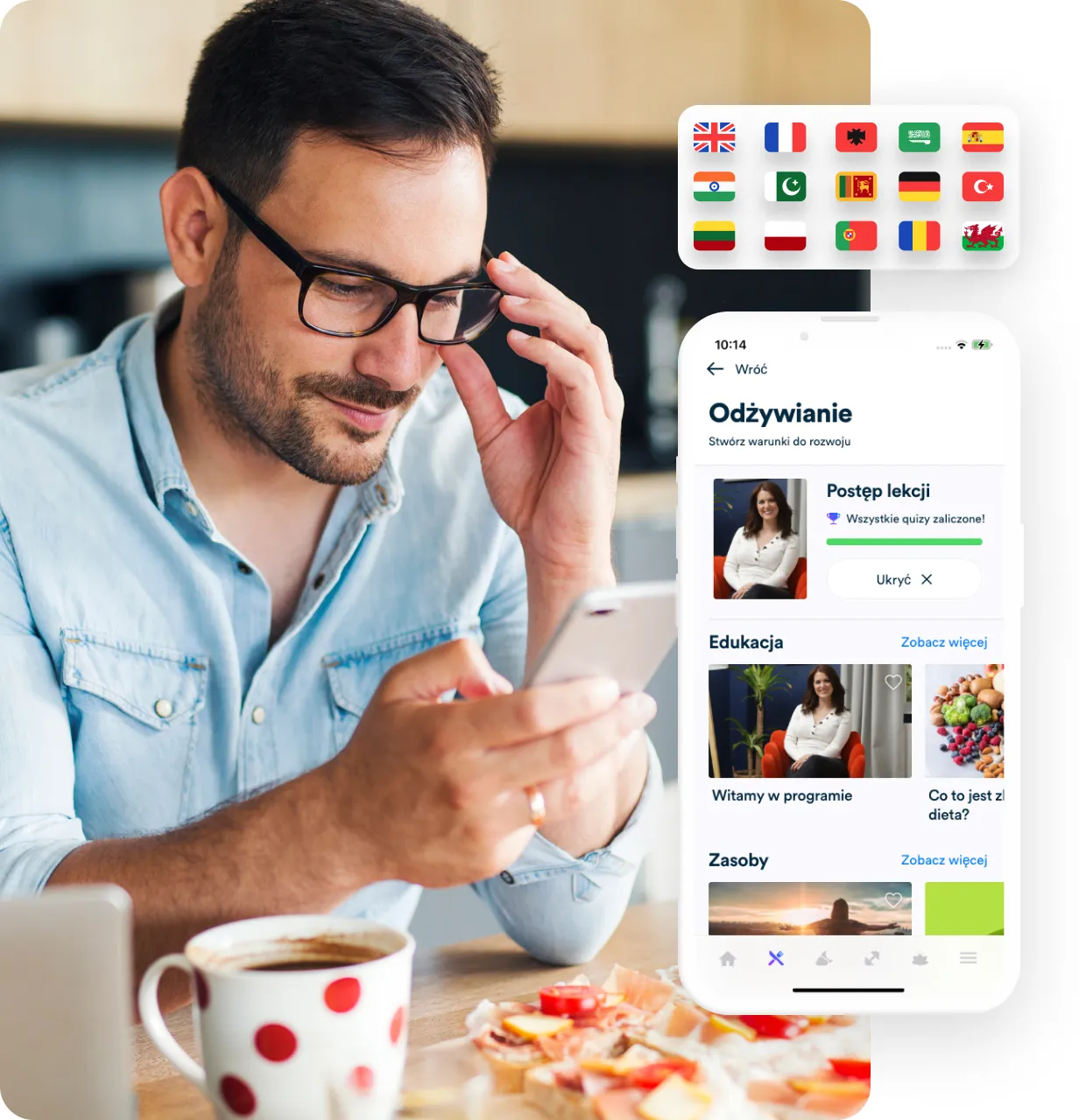 A man reading the Gro Health app in Polish.