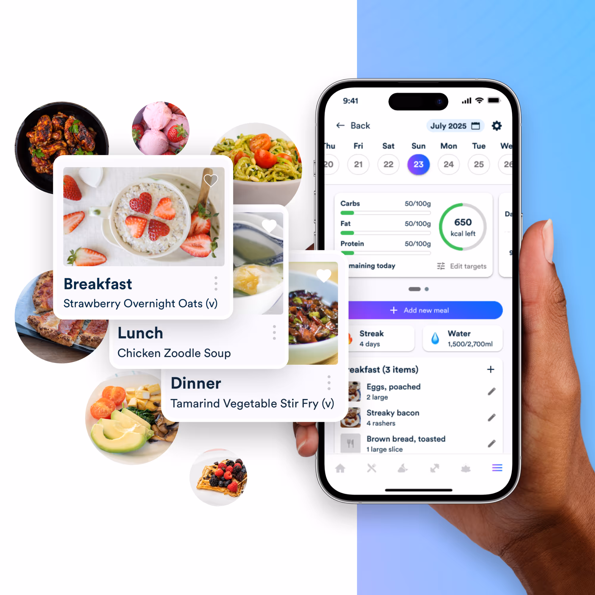 Gro Health app showing the food diary and breakfast, lunch and dinner recommendations.
