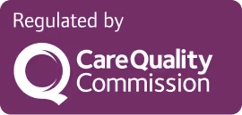 Purple banner with white text 'Regulated by Care Quality Commission' and circular logo.