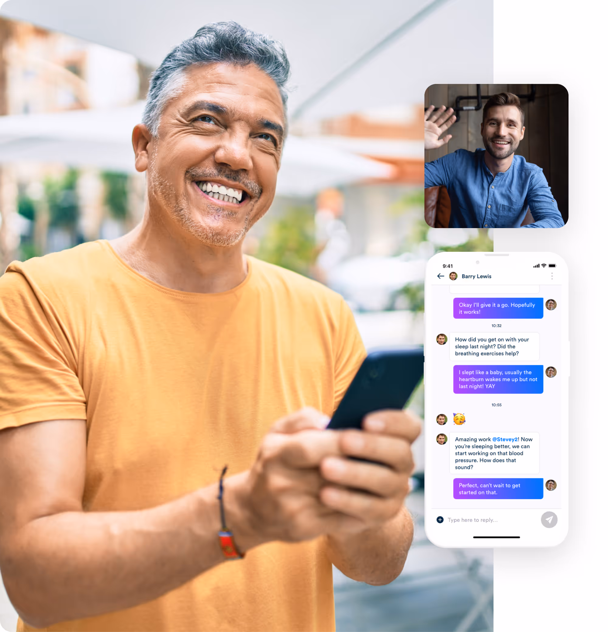 Mature man speaking with his Gro coach via the app